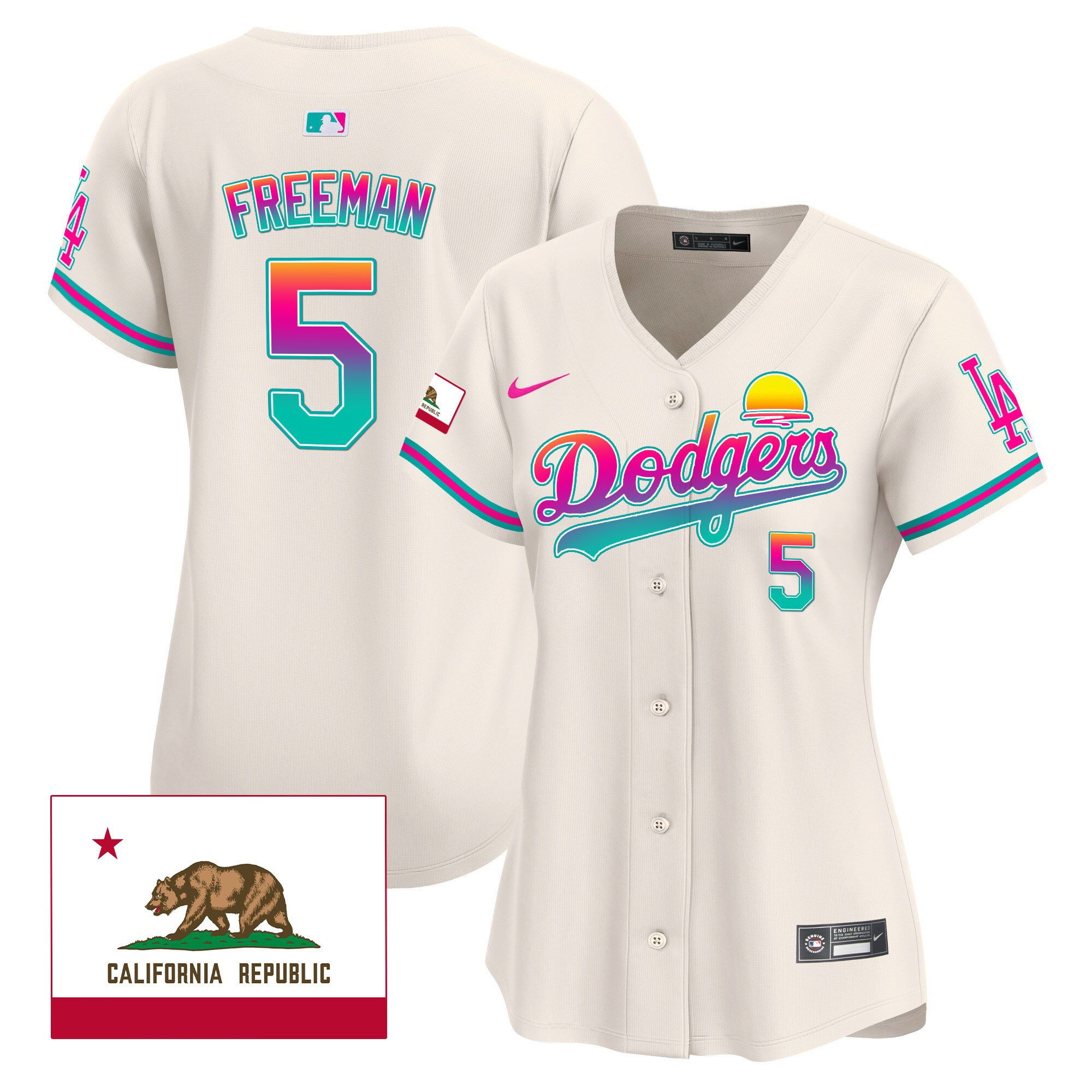 Freddie Freeman 5 Los Angeles Dodgers 2024 Los Angeles City Style California Republic Patch Women Baseball Jersey - Cream 