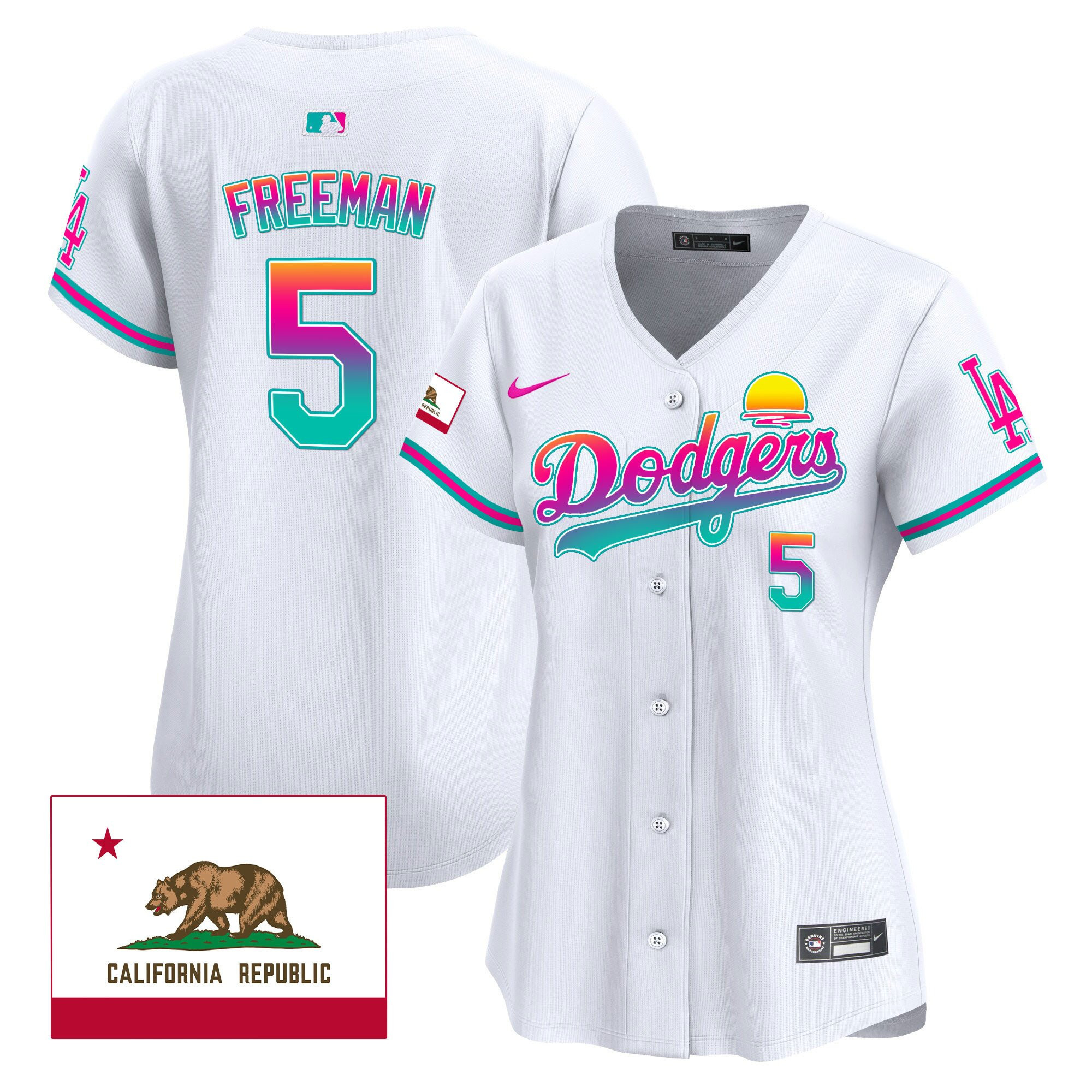 Freddie Freeman 5 Los Angeles Dodgers 2024 Los Angeles City Style California Republic Patch Women Baseball Jersey - White 