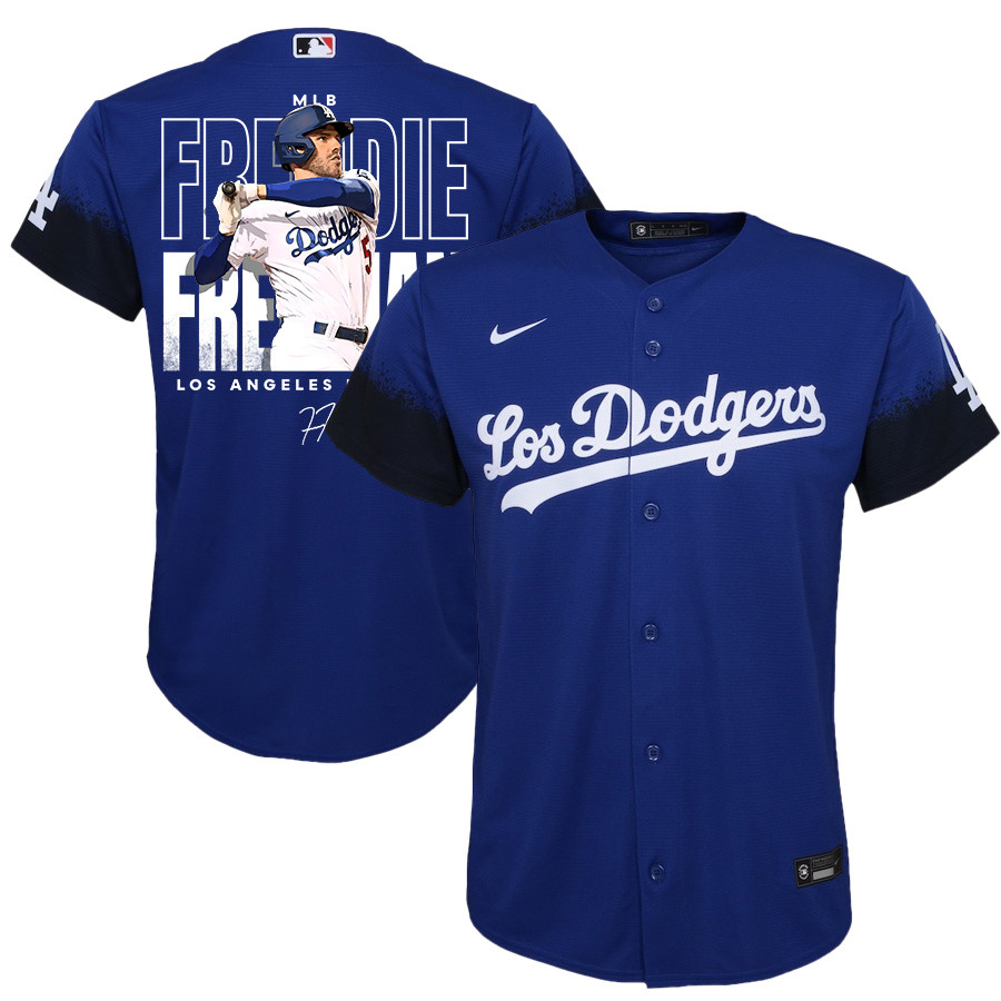 Freddie Freeman 5 Los Angeles Dodgers Signed Home Run 2023 City Connect Player YOUTH Baseball Jersey - Royal 