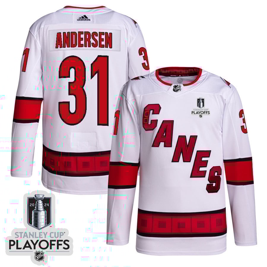 Frederik Andersen 31 Carolina Hurricanes 2024 NHL Playoffs Patch Away Hockey Jersey - Men, White - JS945 