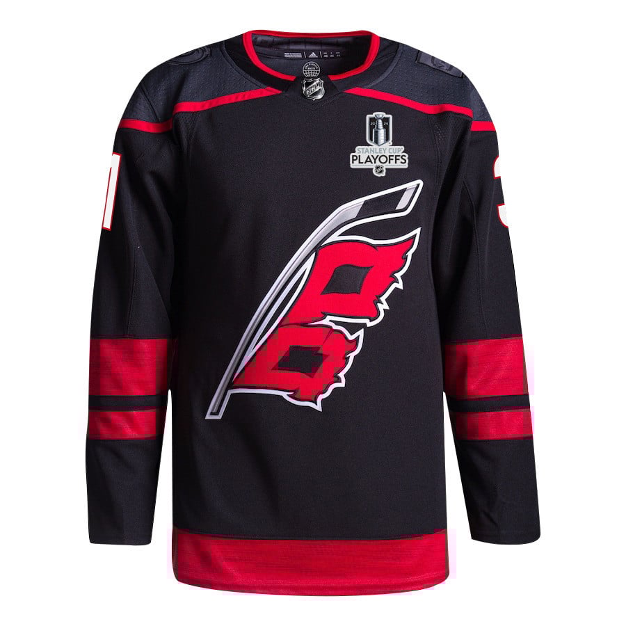 Alternative view of Frederik Andersen 31 Carolina Hurricanes 2024 NHL Playoffs Patch Home Hockey Jersey - Men, Black - JS701 