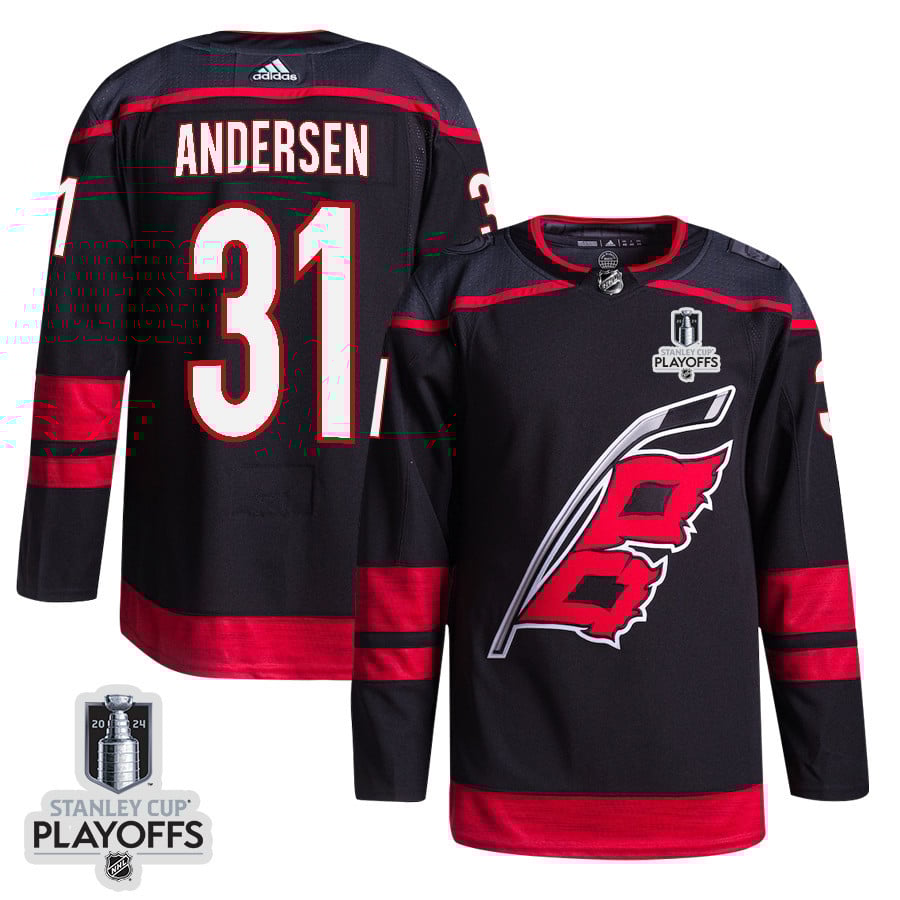 Frederik Andersen 31 Carolina Hurricanes 2024 NHL Playoffs Patch Home Hockey Jersey - Men, Black - JS701 