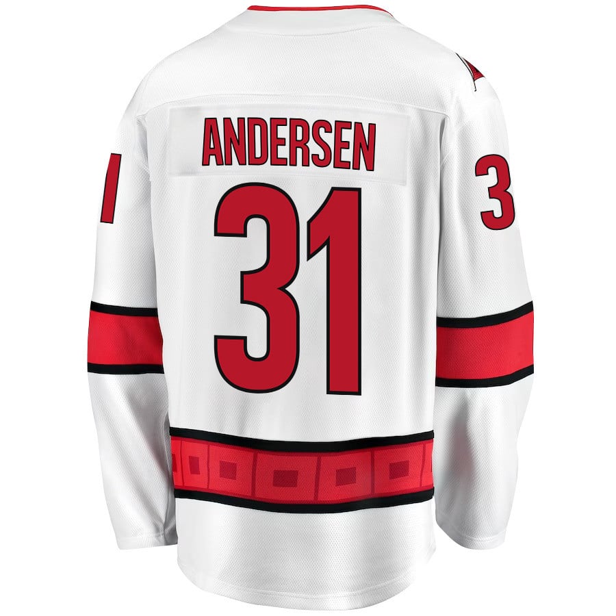 Alternative view of Frederik Andersen 31 Carolina Hurricanes Stanley Cup 2023 Playoffs Patch Away Breakaway Men Hockey Jersey - White - JS128 