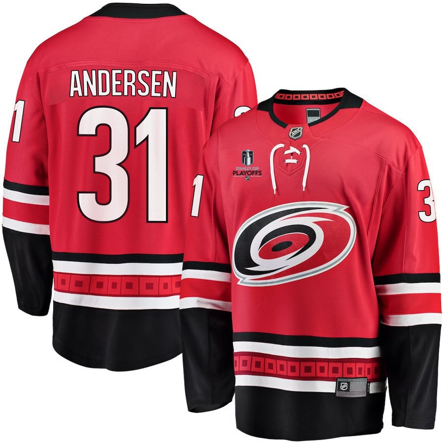 Frederik Andersen 31 Carolina Hurricanes Stanley Cup 2023 Playoffs Patch Home Breakaway Men Hockey Jersey - Red - JS443 