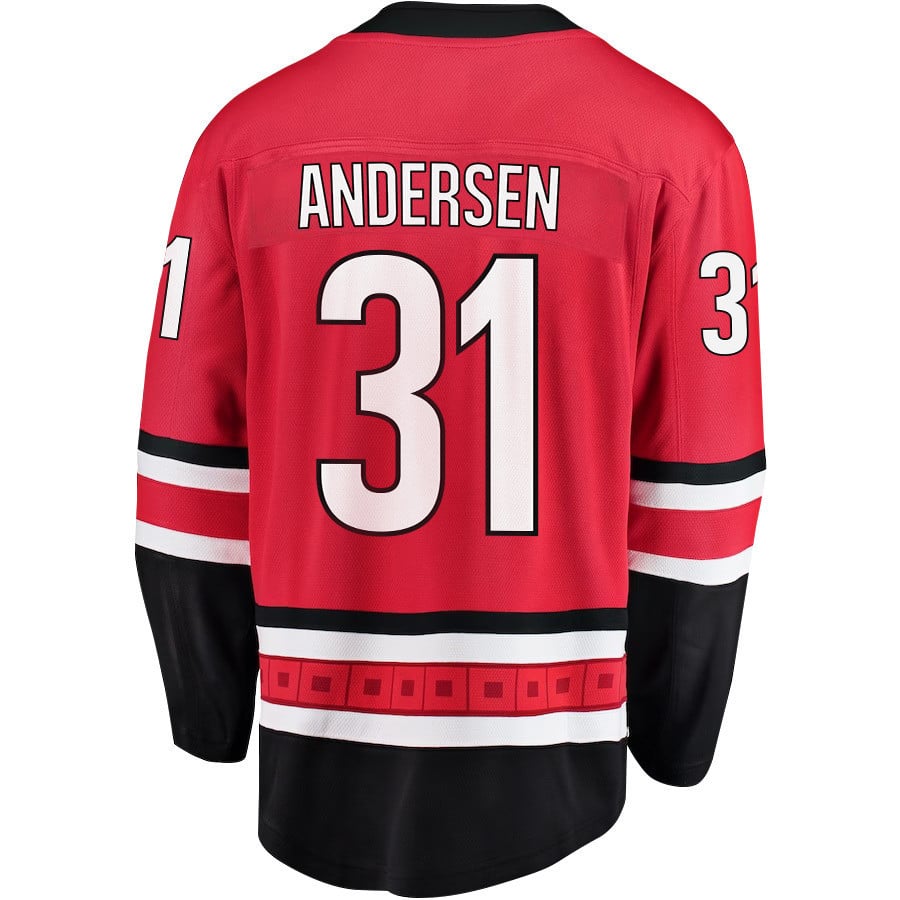 Alternative view of Frederik Andersen 31 Carolina Hurricanes Stanley Cup 2023 Playoffs Patch Home Breakaway Men Hockey Jersey - Red - JS443 