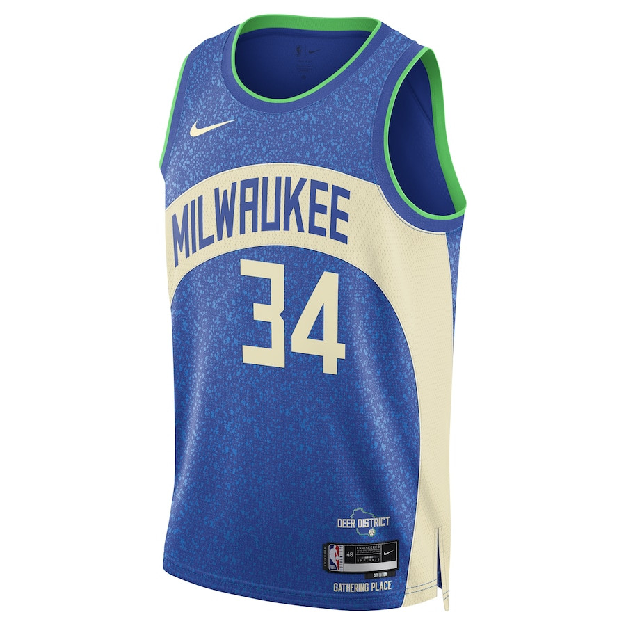 Alternative view of Giannis Antetokounmpo 34 Milwaukee Bucks 2023/24 Swingman Basketball Jersey - City Edition - Unisex Blue - JS763 