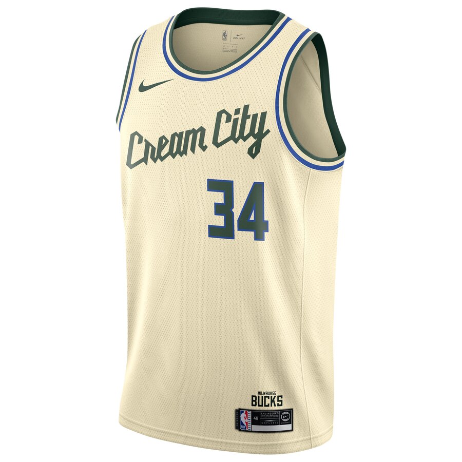 Alternative view of Giannis Antetokounmpo Milwaukee Bucks 2019/20 Finished Swingman Basketball Jersey Cream - City Edition