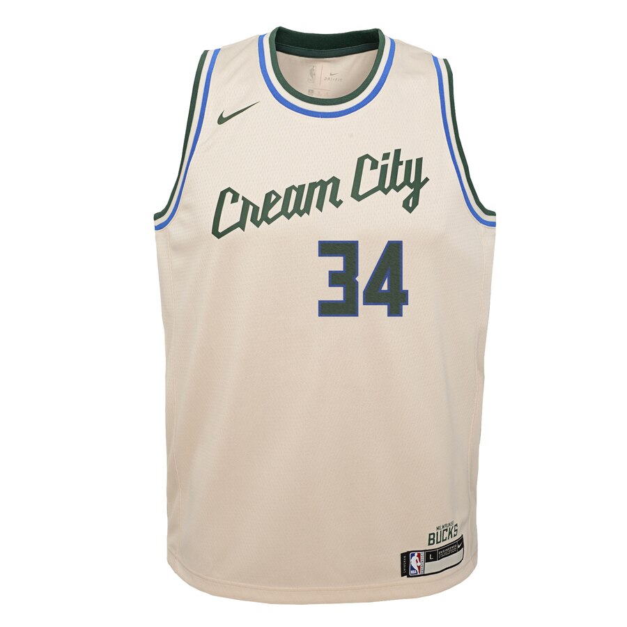 Alternative view of Giannis Antetokounmpo Milwaukee Bucks Youth Swingman Basketball Jersey Cream - City Edition