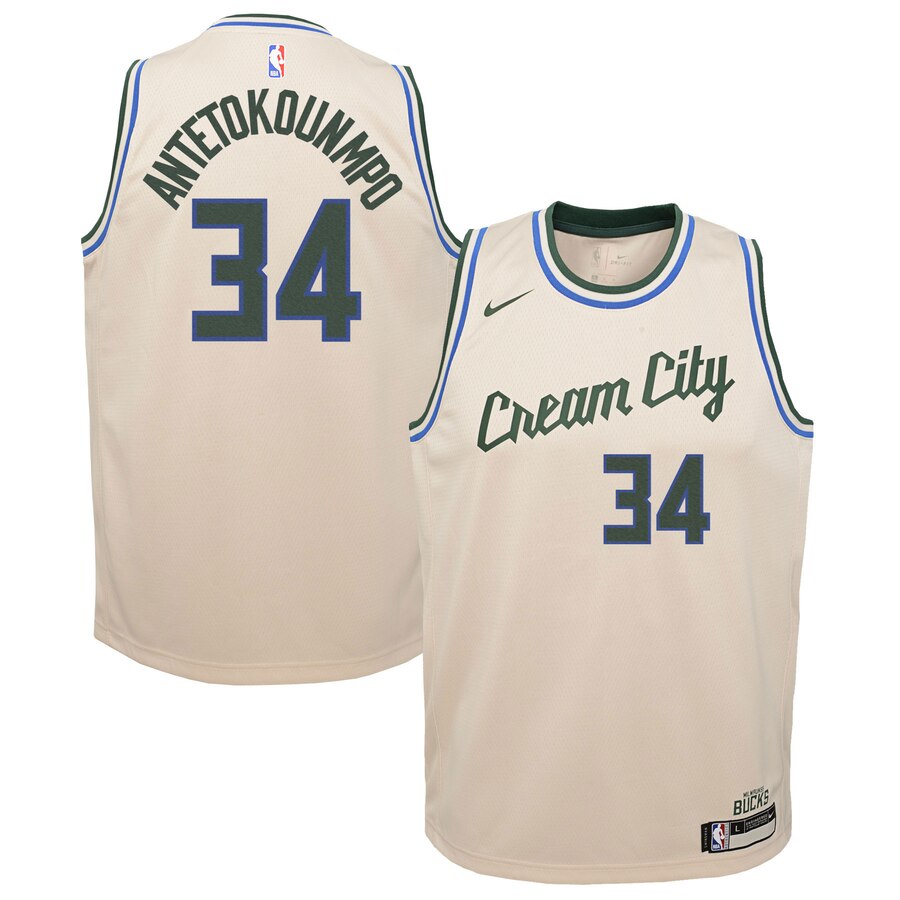 Giannis Antetokounmpo Milwaukee Bucks Youth Swingman Basketball Jersey Cream - City Edition