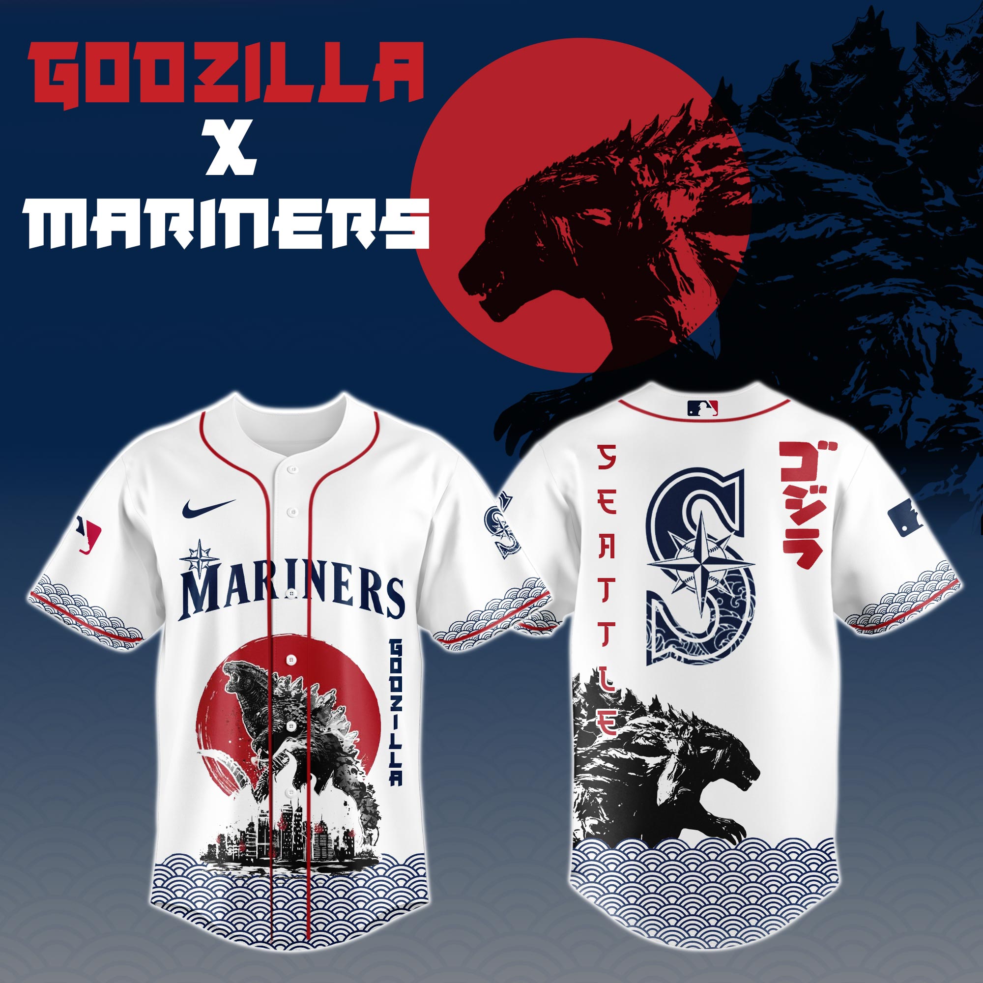 Godzilla X Seattle Mariners Custom Baseball Jersey