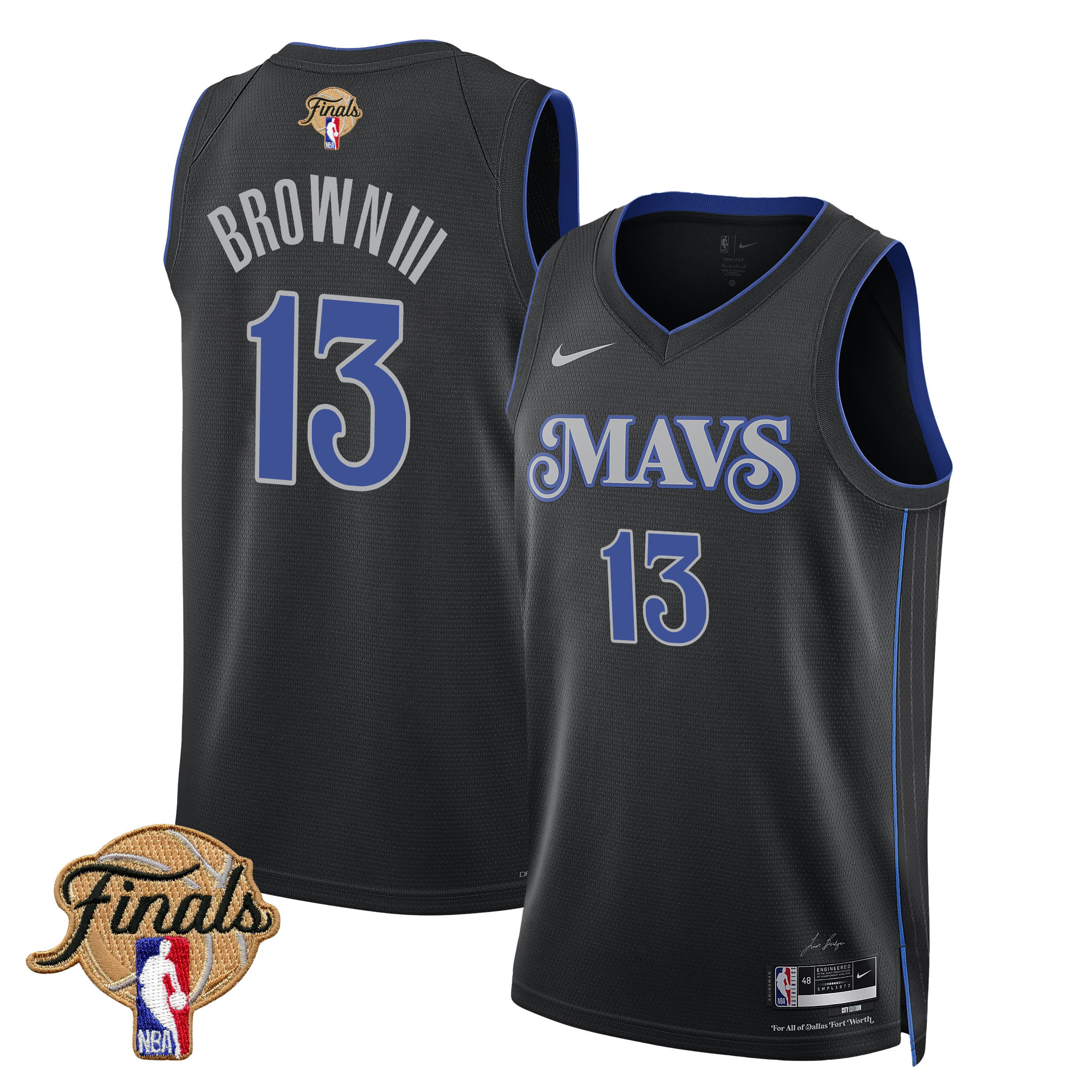 Greg Brown III 13 Dallas Mavericks 2024 FINALS PATCH Swingman Basketball Jersey - City Edition - Black - JS217 