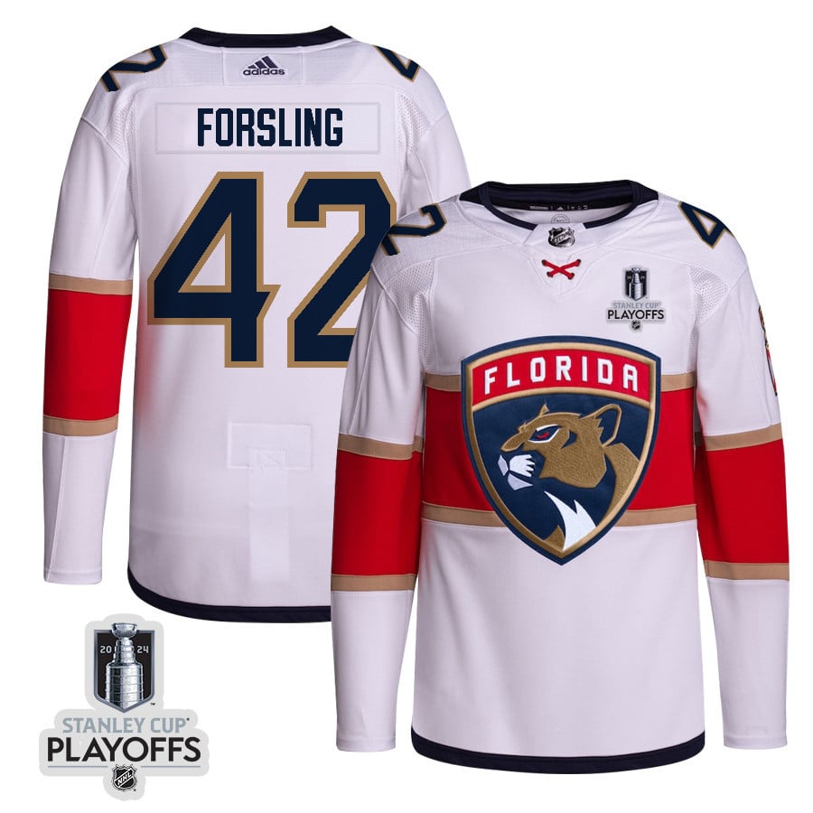 Gustav Forsling 42 Florida Panthers 2024 NHL Playoffs Patch Away Hockey Jersey Customized - Men, White - JS335 