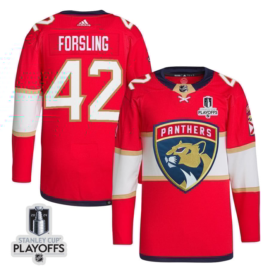 Gustav Forsling 42 Florida Panthers 2024 NHL Playoffs Patch Home Hockey Jersey - Men, Red - JS554 