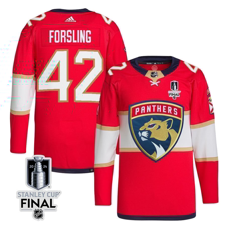 Gustav Forsling 42 Florida Panthers 2024 STANLEY CUP Final Home Breakaway Hockey Jersey - Men, Red - JS875 
