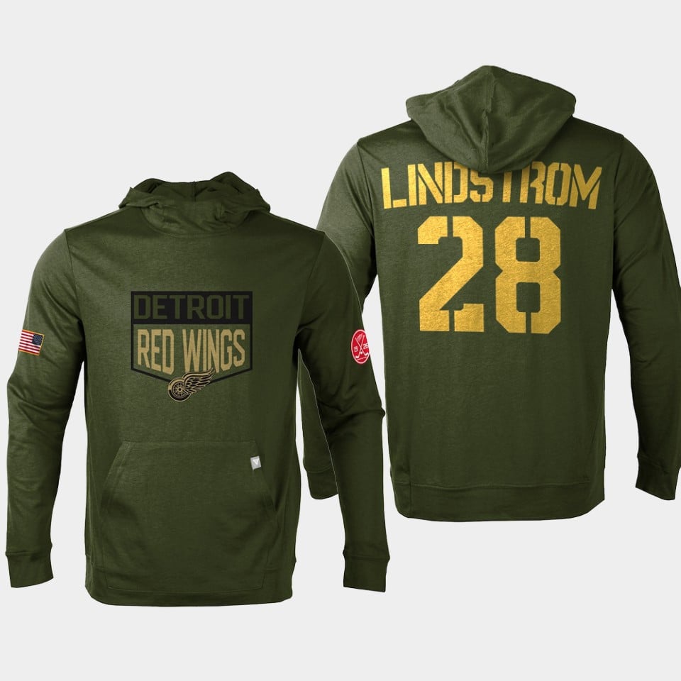 Gustav Lindstrom 28 Detroit Red Wings 2022 Salute To Service Men's Pullover Custom Hoodie Olive - Js212