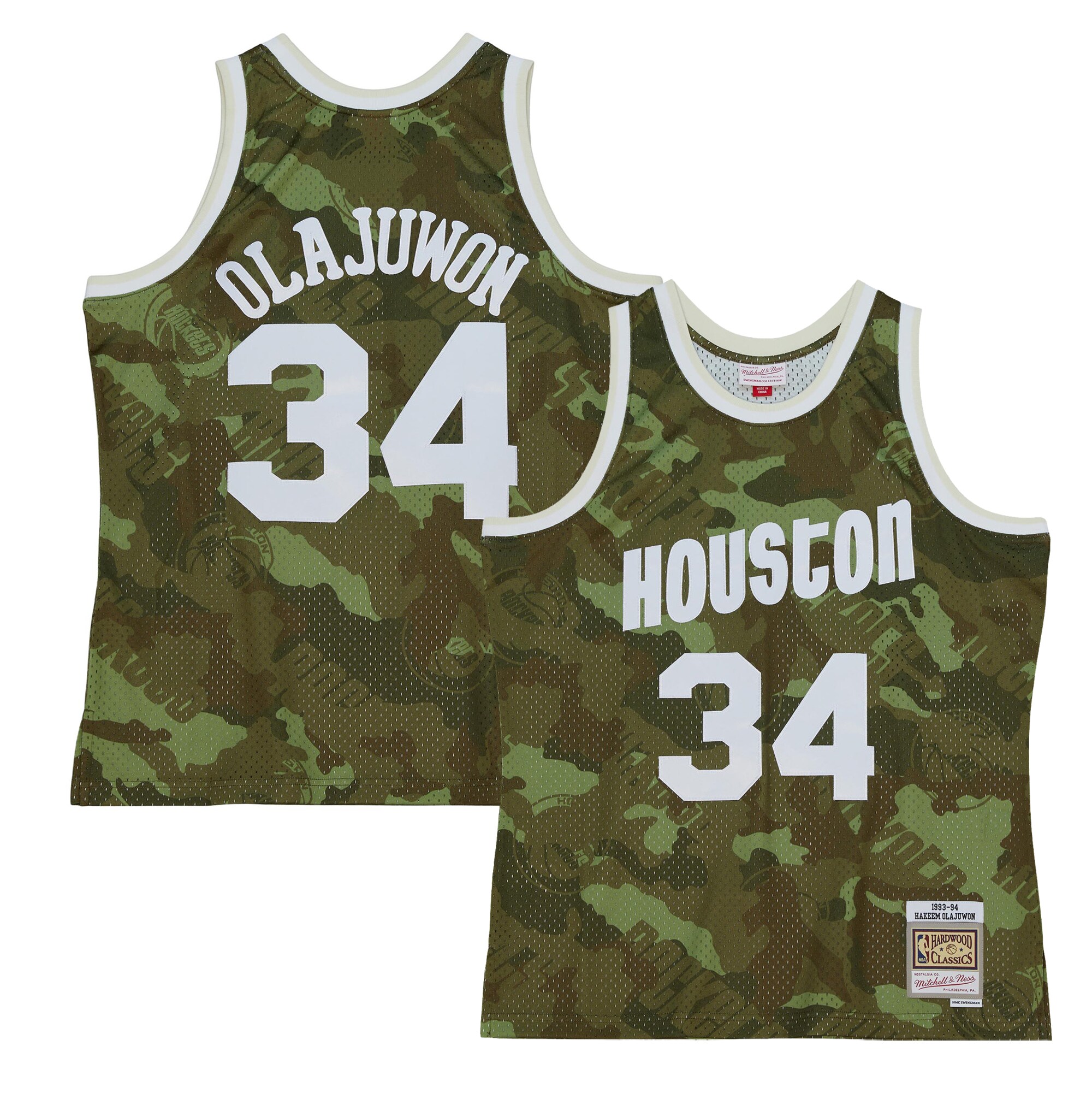 Alternative view of Hakeem Olajuwon Houston Rockets Mitchell & Ness Hardwood Classics 1993/94 Ghost Green Swingman Basketball Jersey - Camo