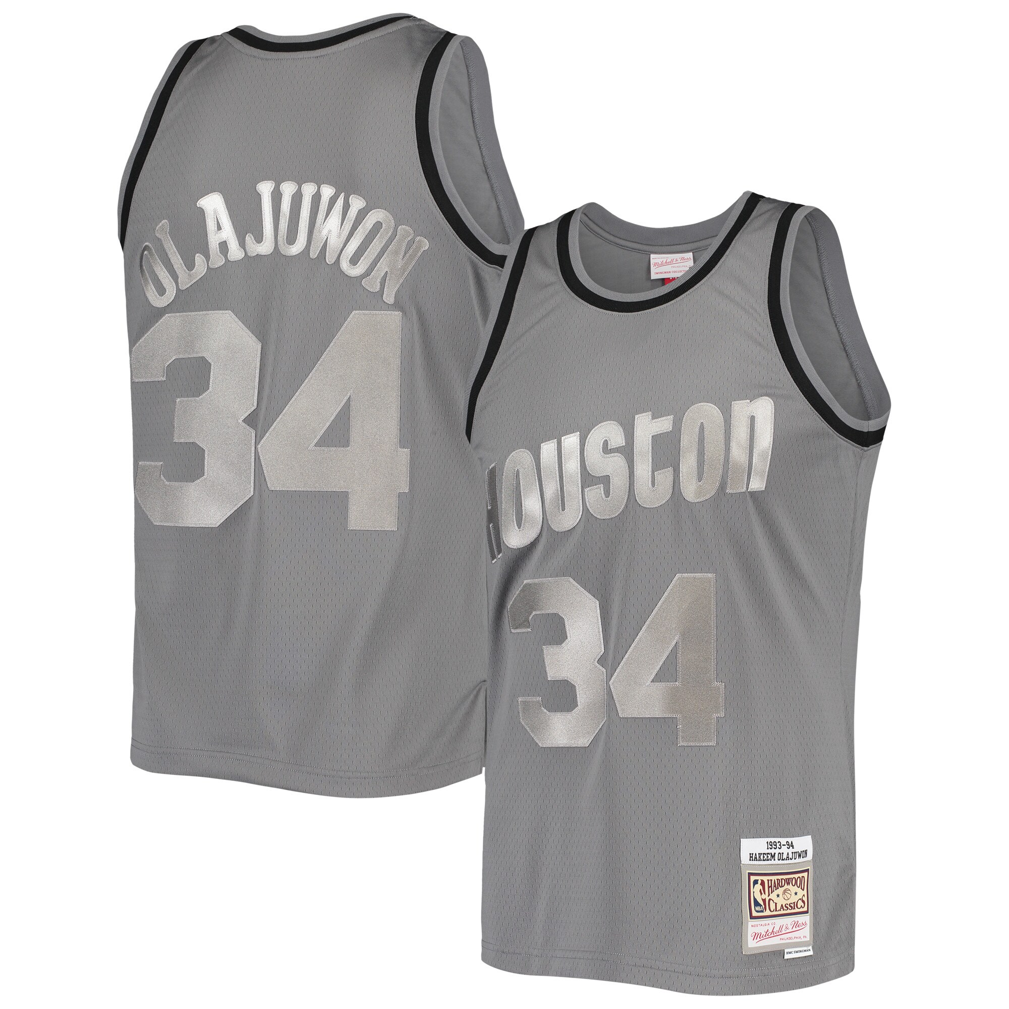 Hakeem Olajuwon Houston Rockets Mitchell & Ness Hardwood Classics Retired Player 1993/94 Metal Works Swingman Basketball Jersey - Charcoal