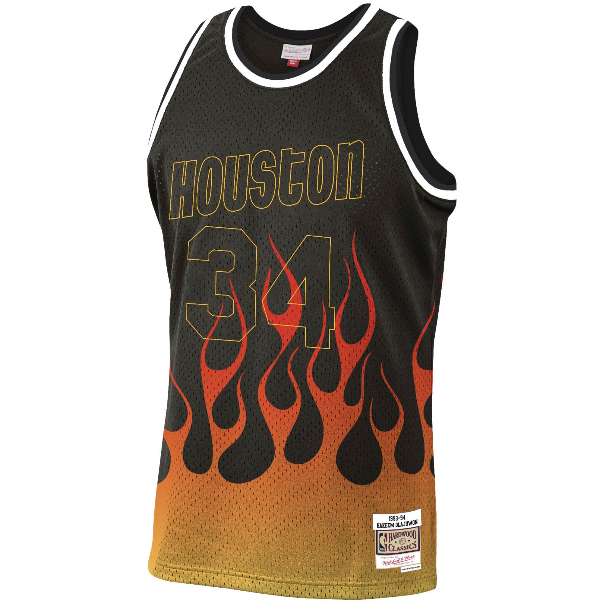 Alternative view of Hakeem Olajuwon Houston Rockets Mitchell & Ness 1993-94 Hardwood Classics Flames Swingman Basketball Jersey – Black - JS284 