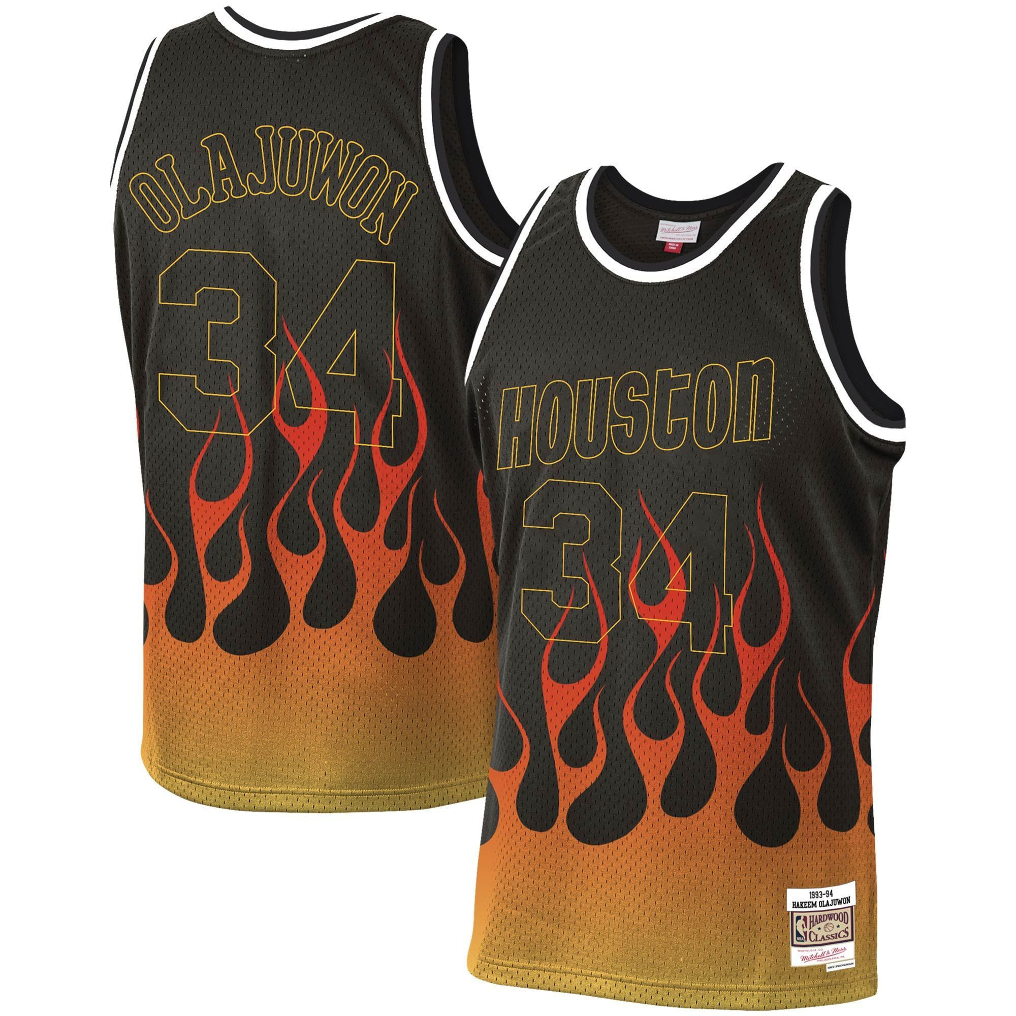 Hakeem Olajuwon Houston Rockets Mitchell & Ness 1993-94 Hardwood Classics Flames Swingman Basketball Jersey – Black - JS284 