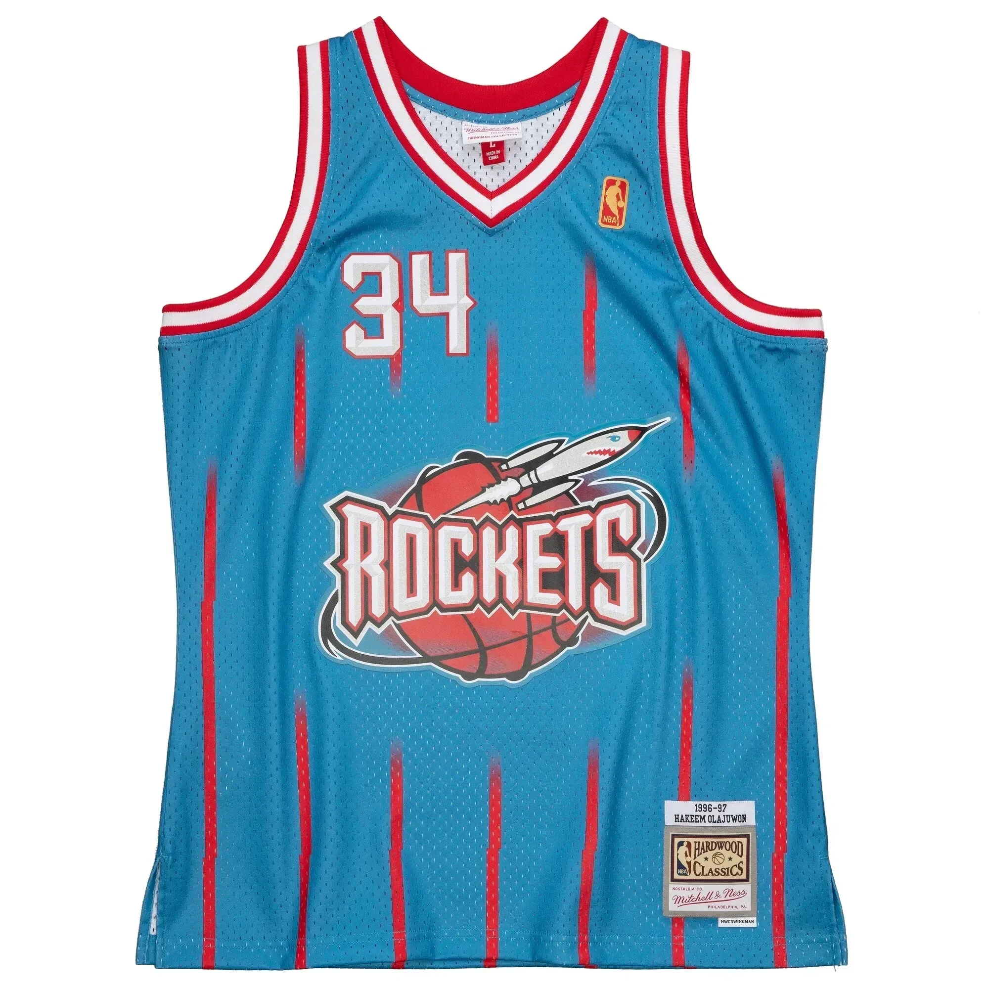 Alternative view of Hakeem Olajuwon Houston Rockets Mitchell & Ness 1996-97 Hardwood Classics Reload 2.0 Swingman Basketball Jersey - Light Blue - JS261 