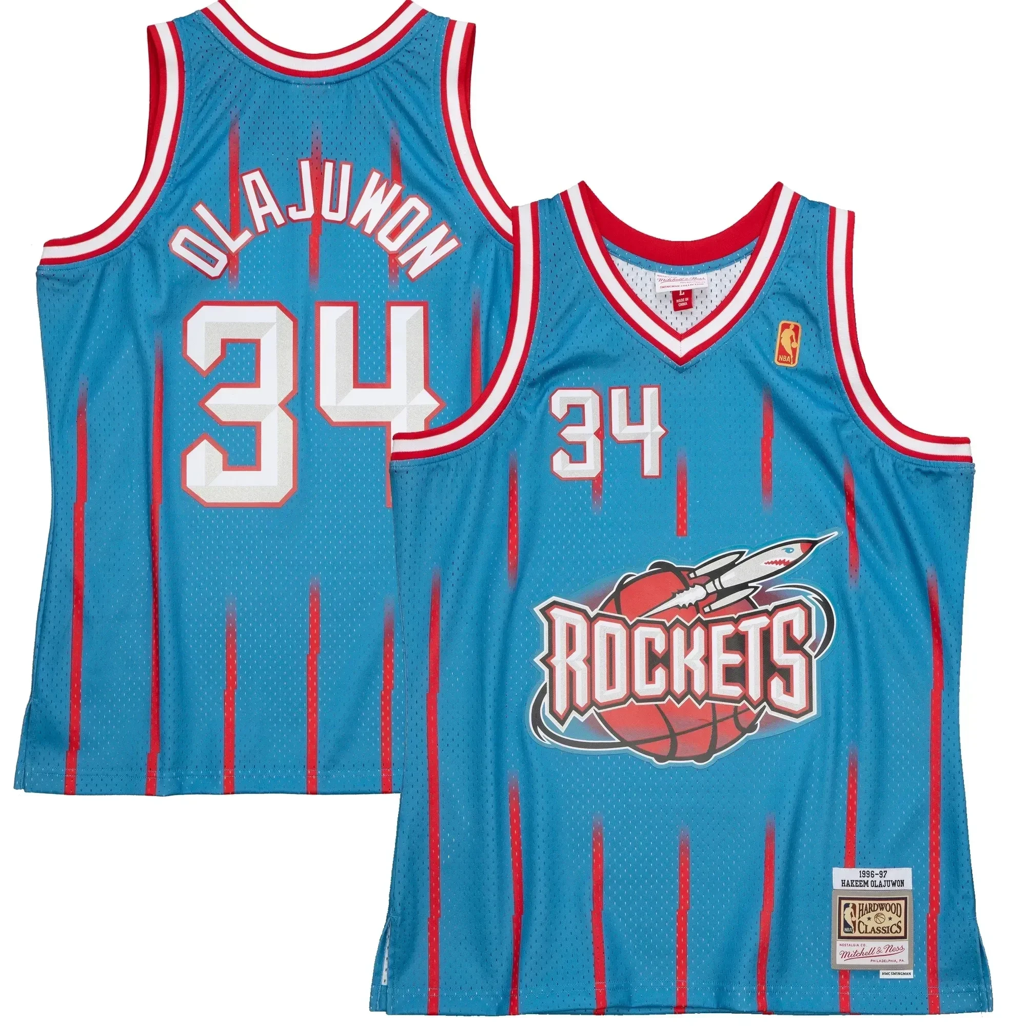 Alternative view of Hakeem Olajuwon Houston Rockets Mitchell & Ness 1996-97 Hardwood Classics Reload 2.0 Swingman Basketball Jersey - Light Blue - JS332 