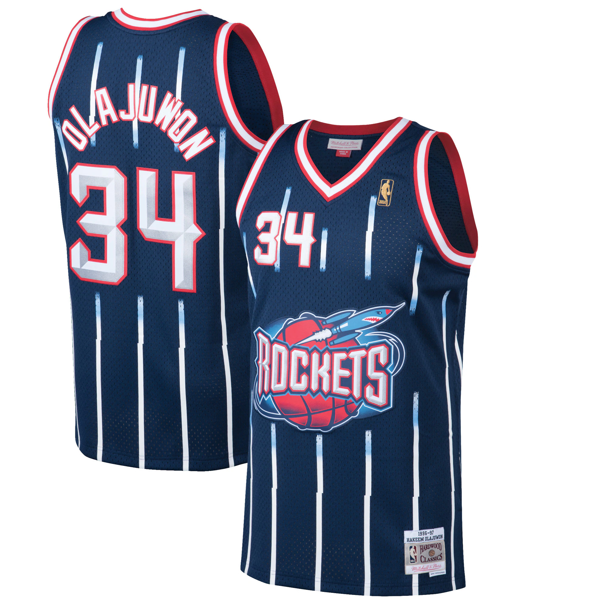 Alternative view of Hakeem Olajuwon Houston Rockets Mitchell & Ness 1996-97 Hardwood Classics Swingman Basketball Jersey - Navy