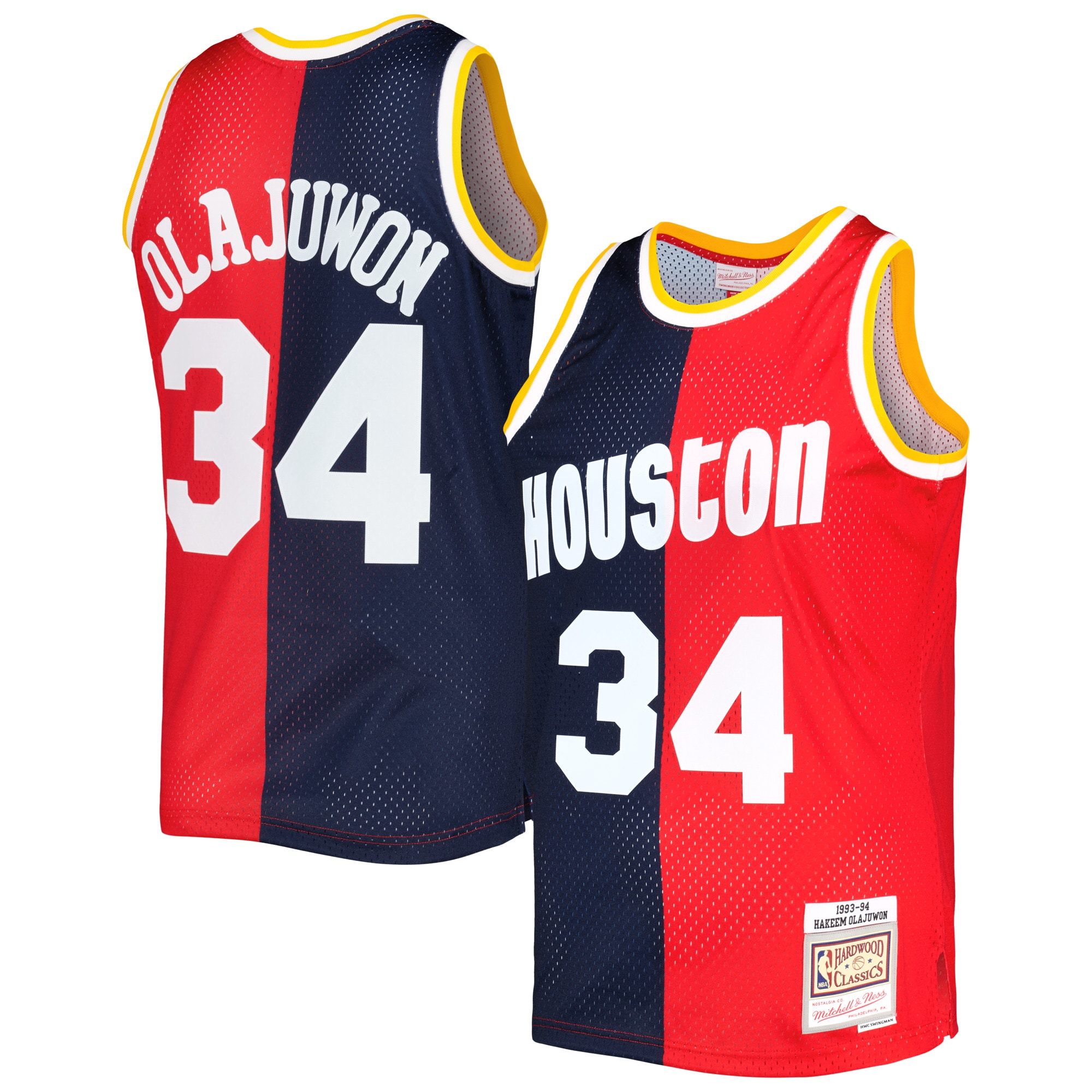 Hakeem Olajuwon Houston Rockets Mitchell & Ness Hardwood Classics 1993/94 Split Swingman Basketball Jersey - Navy/red