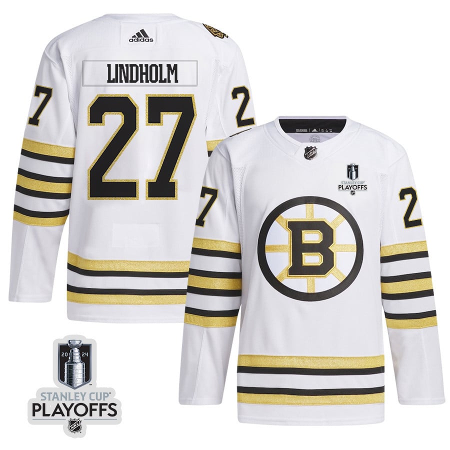 Hampus Lindholm 27 Boston Bruins 2024 NHL Playoffs Patch Away Hockey Jersey - Men, White - JS936 