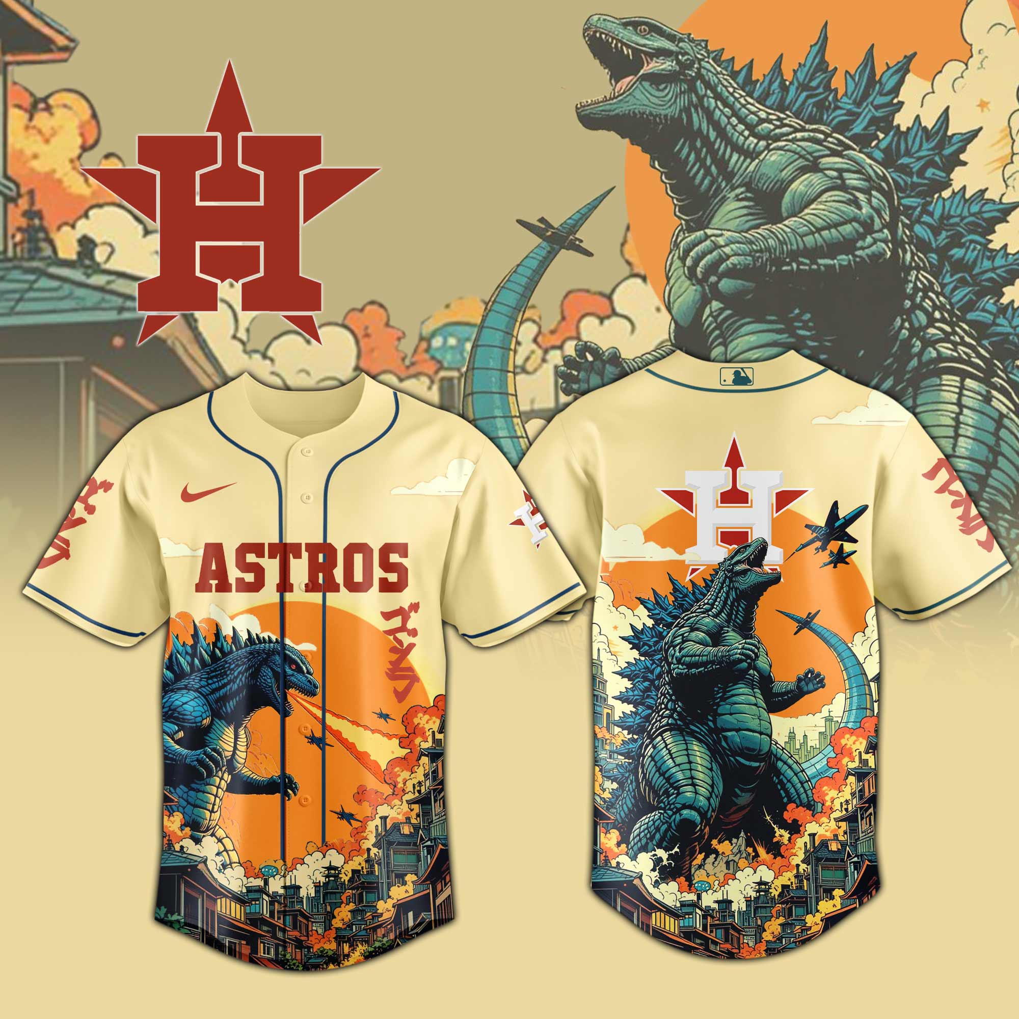 Houston Astros Mlb X Godzilla Attack Custom Baseball Jersey