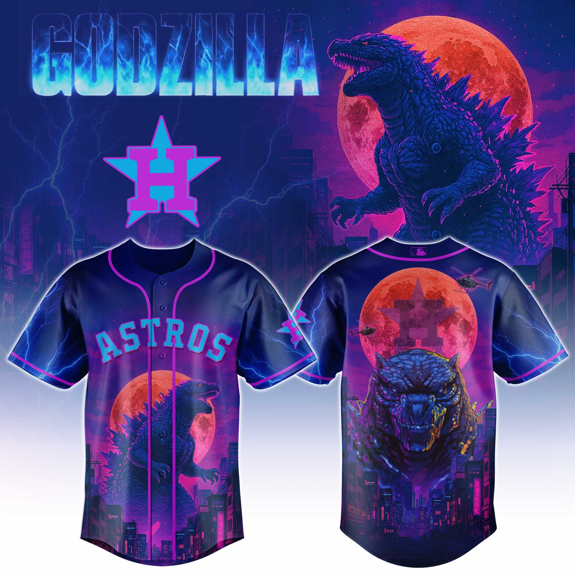 Houston Astros Mlb X Godzilla Neon City Custom Baseball Jersey
