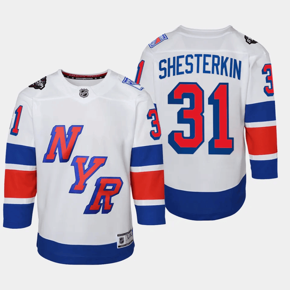 Alternative view of Igor Shesterkin 31 New York Rangers 2024 NHL YOUTH Stadium Series Hockey Jersey - White - JS912 