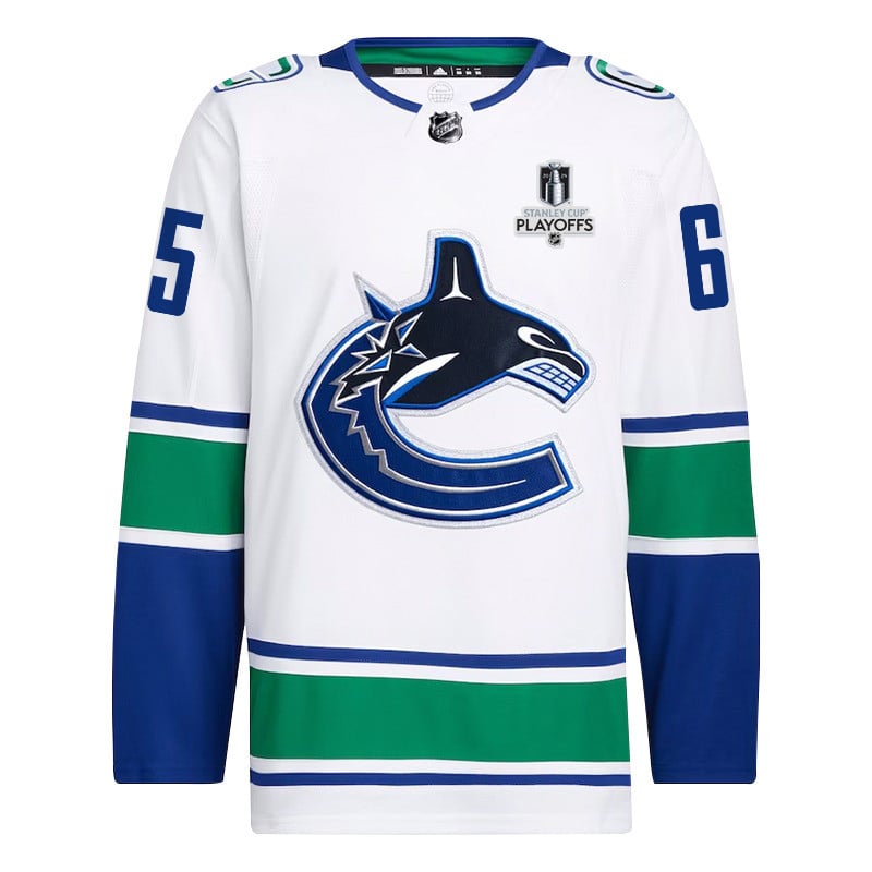 Alternative view of Ilya Mikheyev 65 Vancouver Canucks 2024 NHL Playoffs Patch Away Hockey Jersey - Men, White - JS734 
