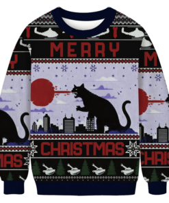 Howling Black Cat Ugly Christmas Sweater Funny Cat Godzilla Holiday Ugly Sweater