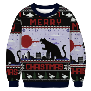 Howling Black Cat Ugly Christmas Sweater Funny Cat Godzilla Holiday Ugly Sweater