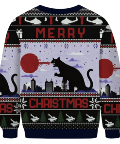 Alternative view of Howling Black Cat Ugly Christmas Sweater Funny Cat Godzilla Holiday Ugly Sweater