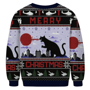 Alternative view of Howling Black Cat Ugly Christmas Sweater Funny Cat Godzilla Holiday Ugly Sweater