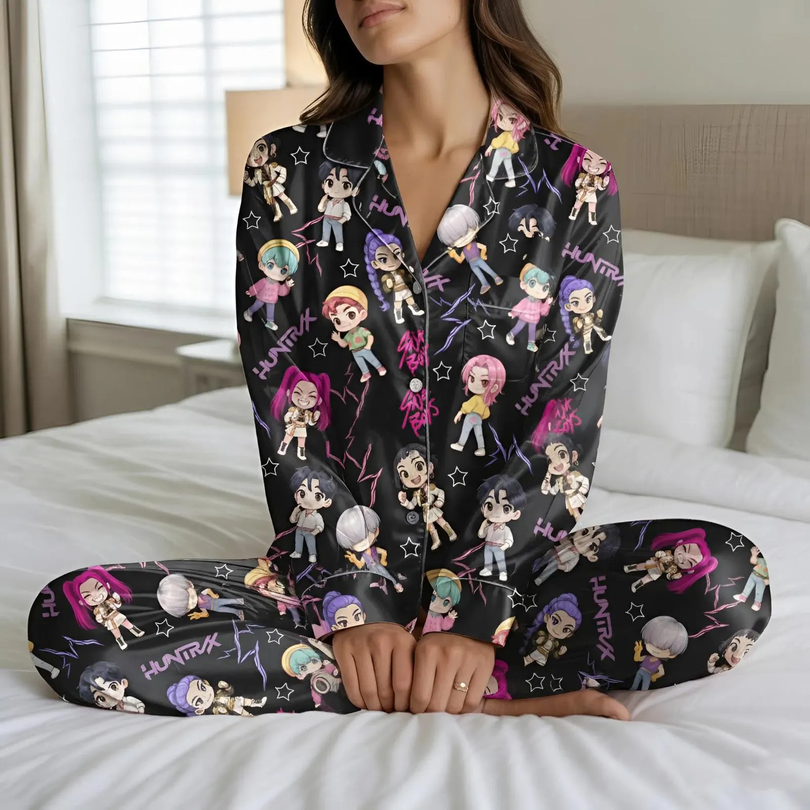Huntrix KPop Demon Hunters Satin Pajamas Set, Huntrix Chibi Pajamas, Girl Group K-Pop Sleepwear, Kpop Lovers Gift, Huntrix Saja Boys Pajamas
