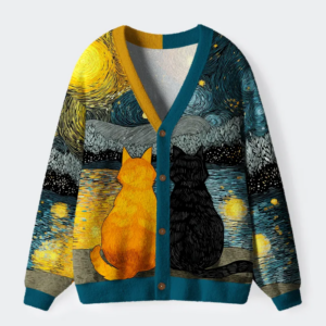 Starry Feline Companions Ugly Cardigan Sweater