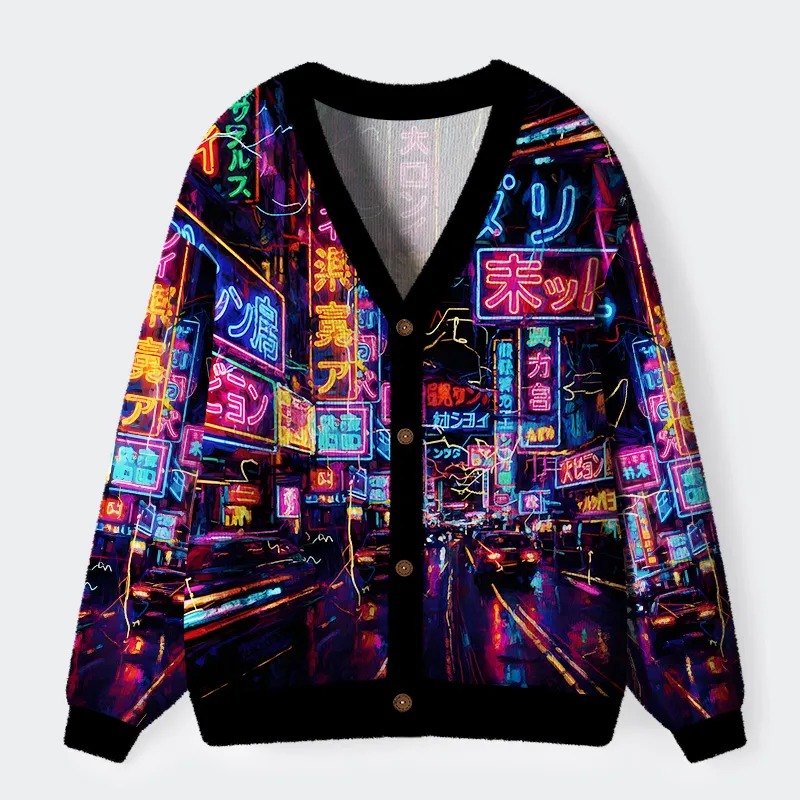 Tokyo Street Scene Ugly Cardigan Sweater