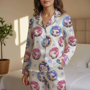 Rumi Mira Zoey Satin Chibi Pajamas Set, Cute Girl Group Kpop PJs, Huntrix Pajamas, Kpop Demon Hunters, Kpop Fan Gift, Movie Inspired Pajamas