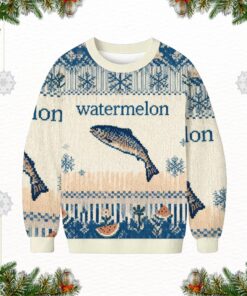 Funny Watermelon Fish Christmas Sweater, Weird Meme Holiday Sweater, Ugly Xmas Sweater for Men Women, Quirky Winter Gift