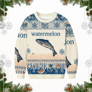 Funny Watermelon Fish Christmas Sweater, Weird Meme Holiday Sweater, Ugly Xmas Sweater for Men Women, Quirky Winter Gift
