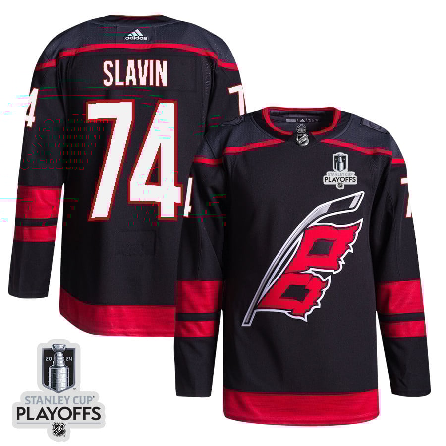 Jaccob Slavin 74 Carolina Hurricanes 2024 NHL Playoffs Patch Home Hockey Jersey - Men, Black - JS912 