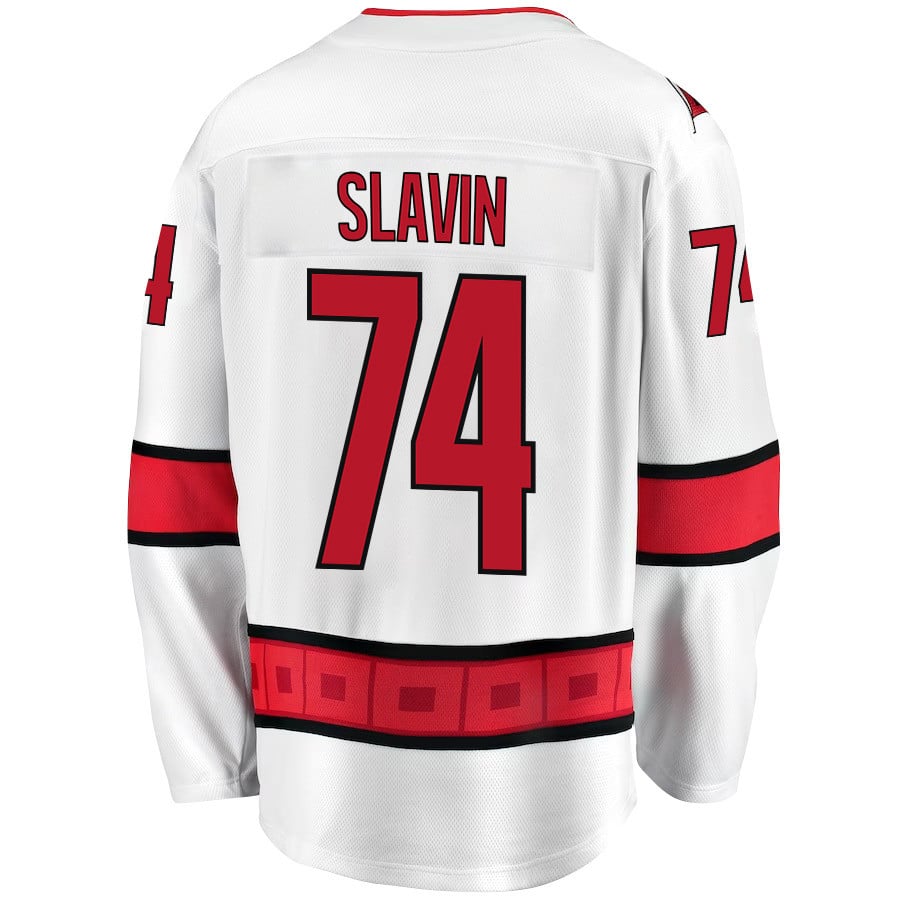 Alternative view of Jaccob Slavin 74 Carolina Hurricanes Stanley Cup 2023 Playoffs Patch Away Breakaway Men Hockey Jersey - White - JS259 