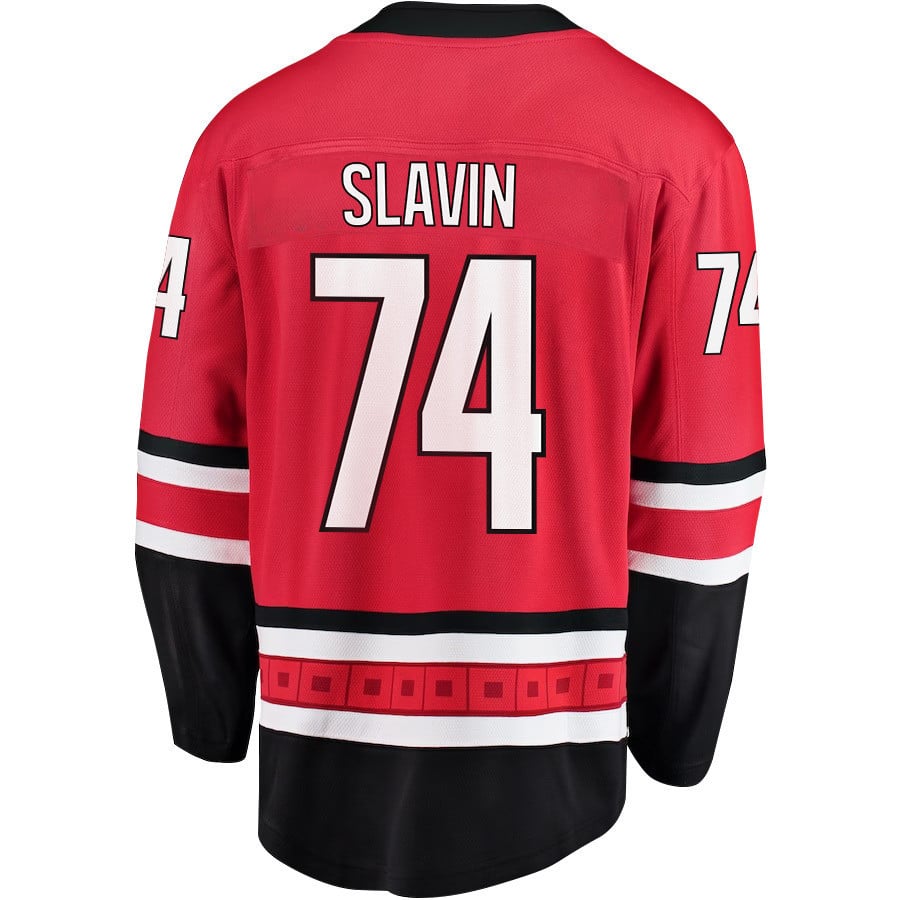 Alternative view of Jaccob Slavin 74 Carolina Hurricanes Stanley Cup 2023 Playoffs Patch Home Breakaway Men Hockey Jersey - Red - JS297 