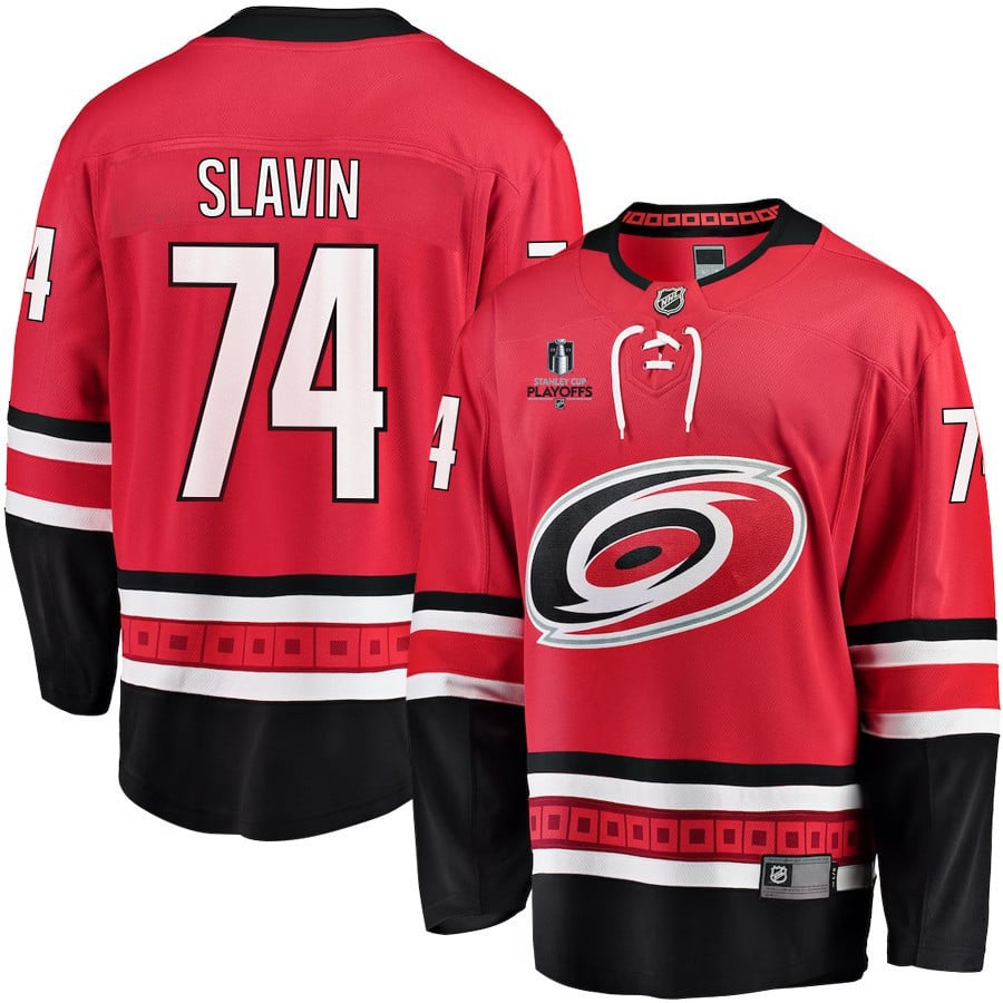 Jaccob Slavin 74 Carolina Hurricanes Stanley Cup 2023 Playoffs Patch Home Breakaway Men Hockey Jersey - Red - JS297 