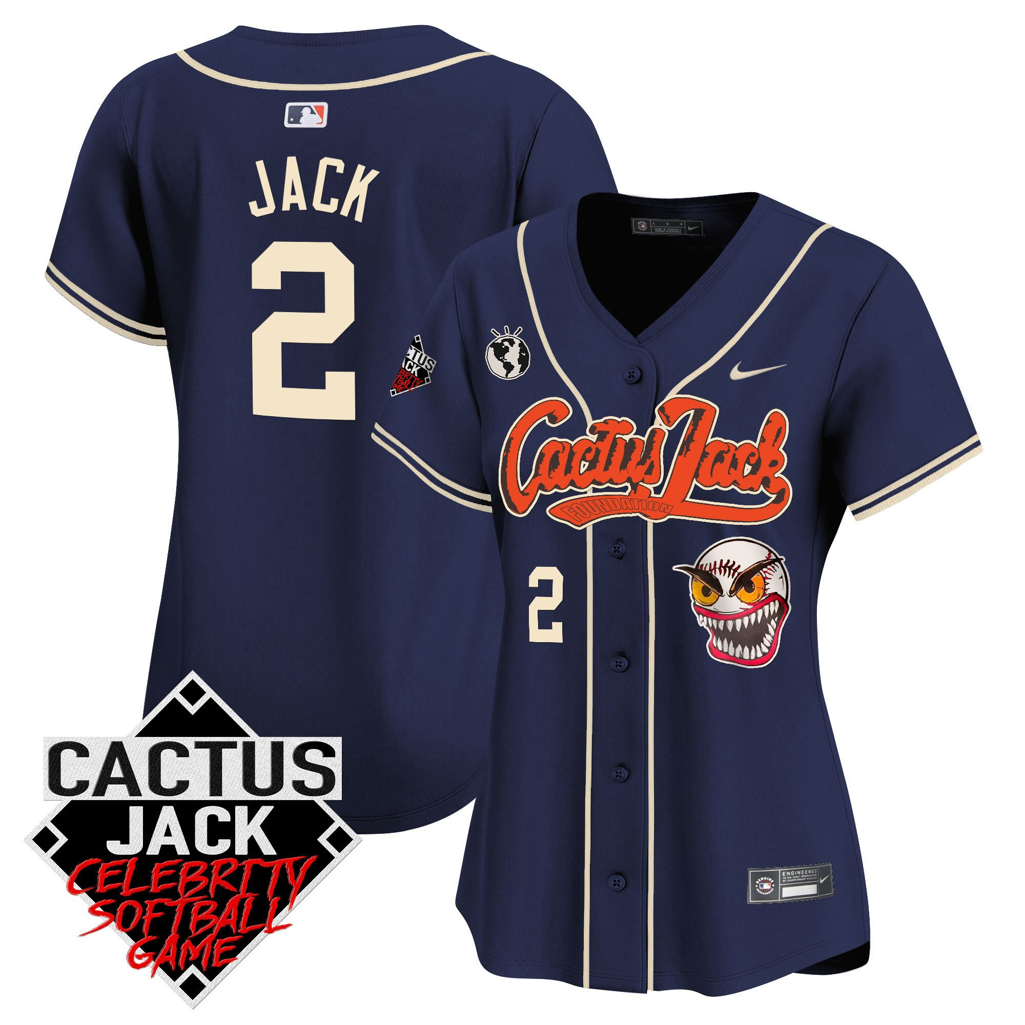 Jack 2 Houston Astros Cactus Jack Celebrity Softball Game Patch Women Baseball Jersey - Navy