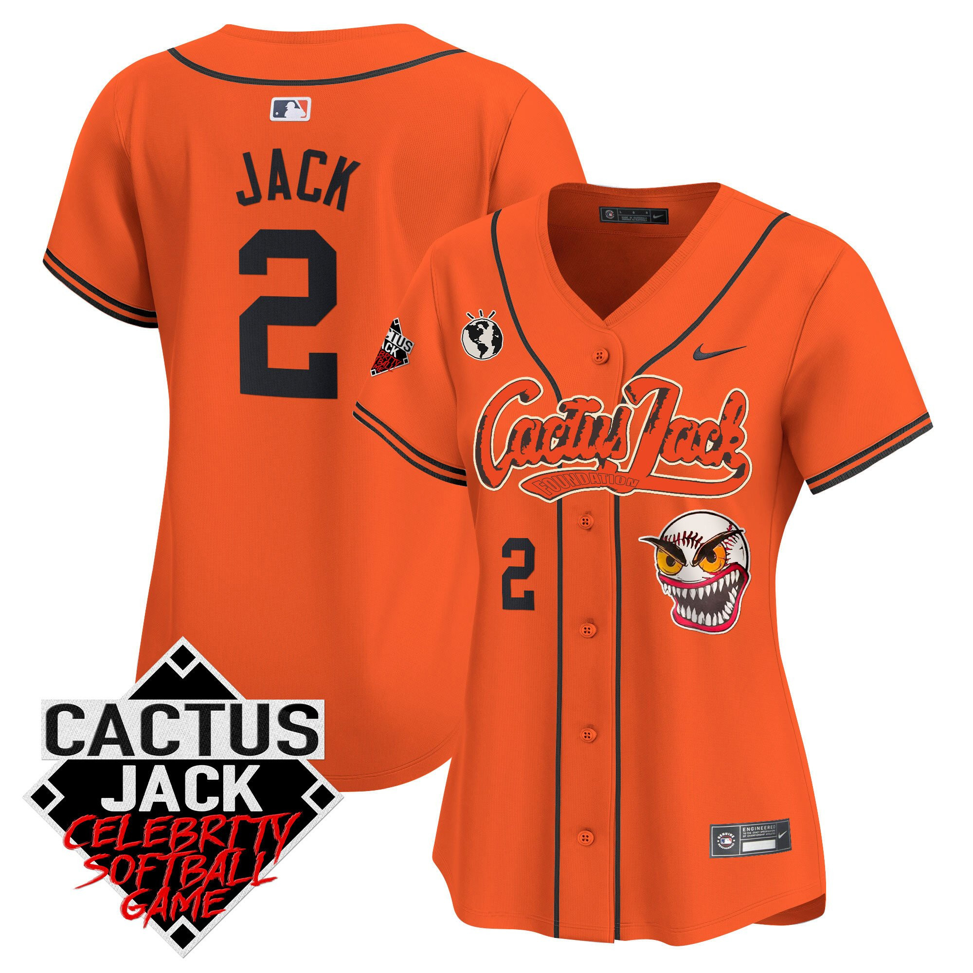 Jack 2 Houston Astros Cactus Jack Celebrity Softball Game Patch Women Baseball Jersey - Orange