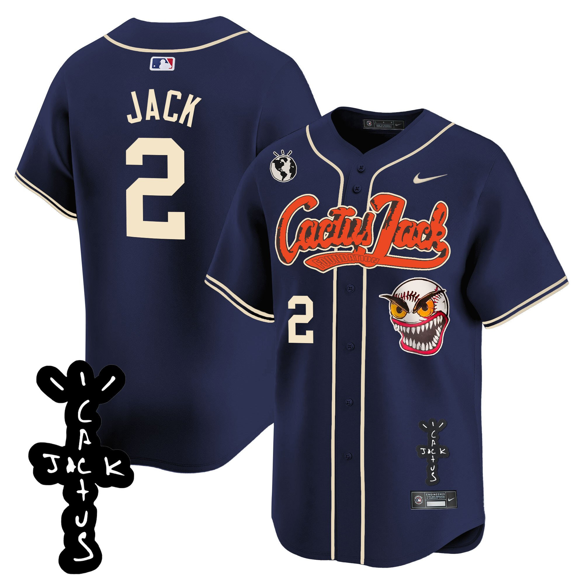 Jack 2 Houston Astros Cactus Jack Patch V2 Men Baseball Jersey - Navy