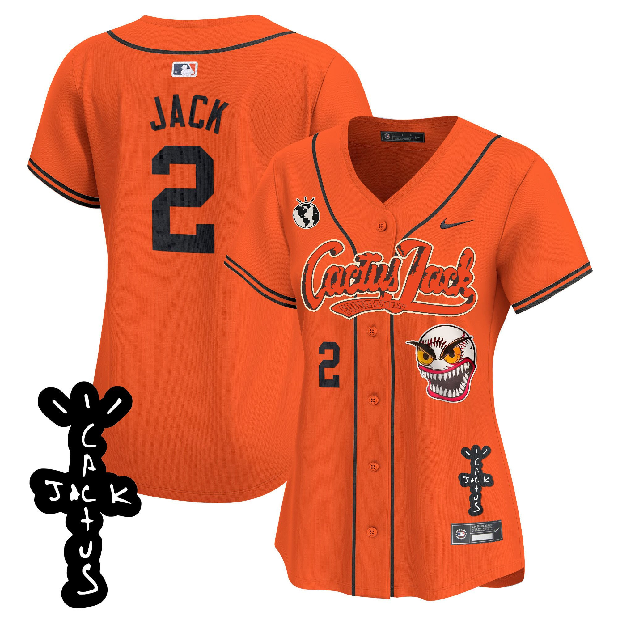 Jack 2 Houston Astros Cactus Jack Patch V2 Women Baseball Jersey - Orange 